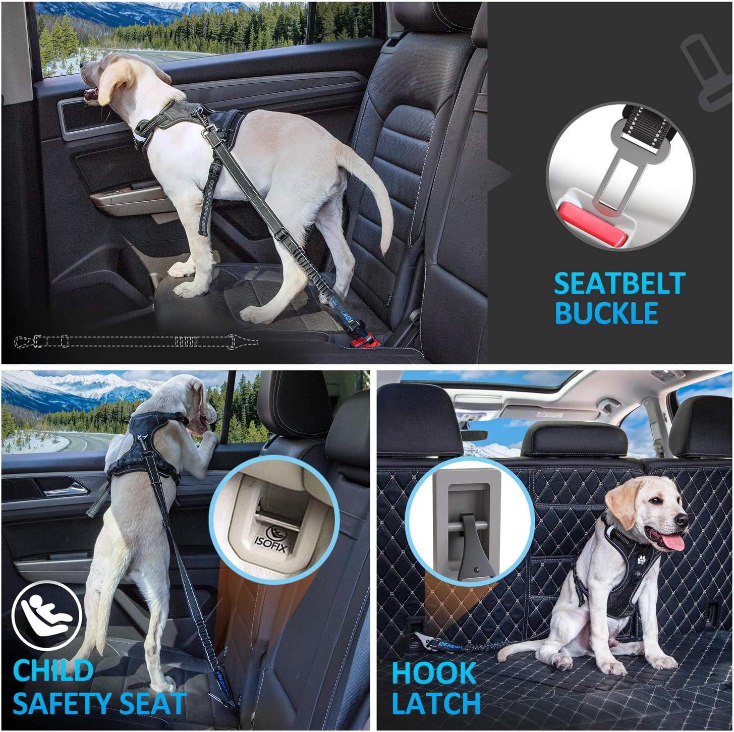 3-in-1 Dog Car Seat Belt Harness – Adjustable & Shock-Absorbing